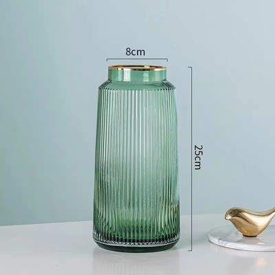 Green Fluted Vase with Golden Metal Top Glass Vase Home Office Decorative Flower Holder